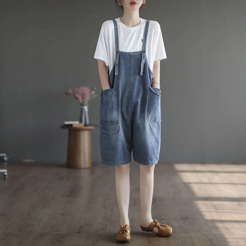 Denim Jumpsuits Women Vintage Korean Style One Piece Outfit Casual Cropped Rompers Solid Straight Jeans Summer Women Clothing