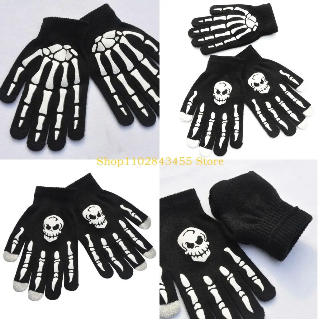 49MC Warm Knitting Full Finger Gloves for Adult Kids Human Skeleton for Head Gripper Print Cycling Non-Slip for Touch Screen