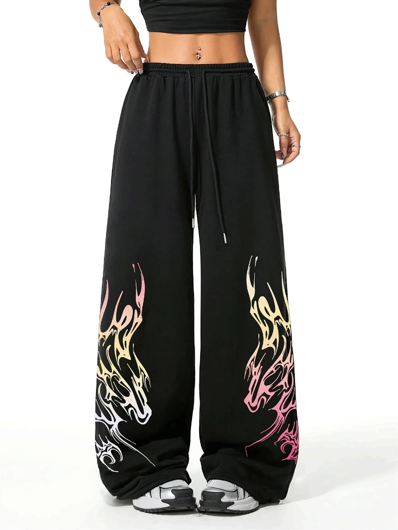 

Flame Print Straight-Leg Pants - Casual & Sporty with Drawstring Elastic Waist, Durable Polyester, Machine Washable Hip-Hop Wide