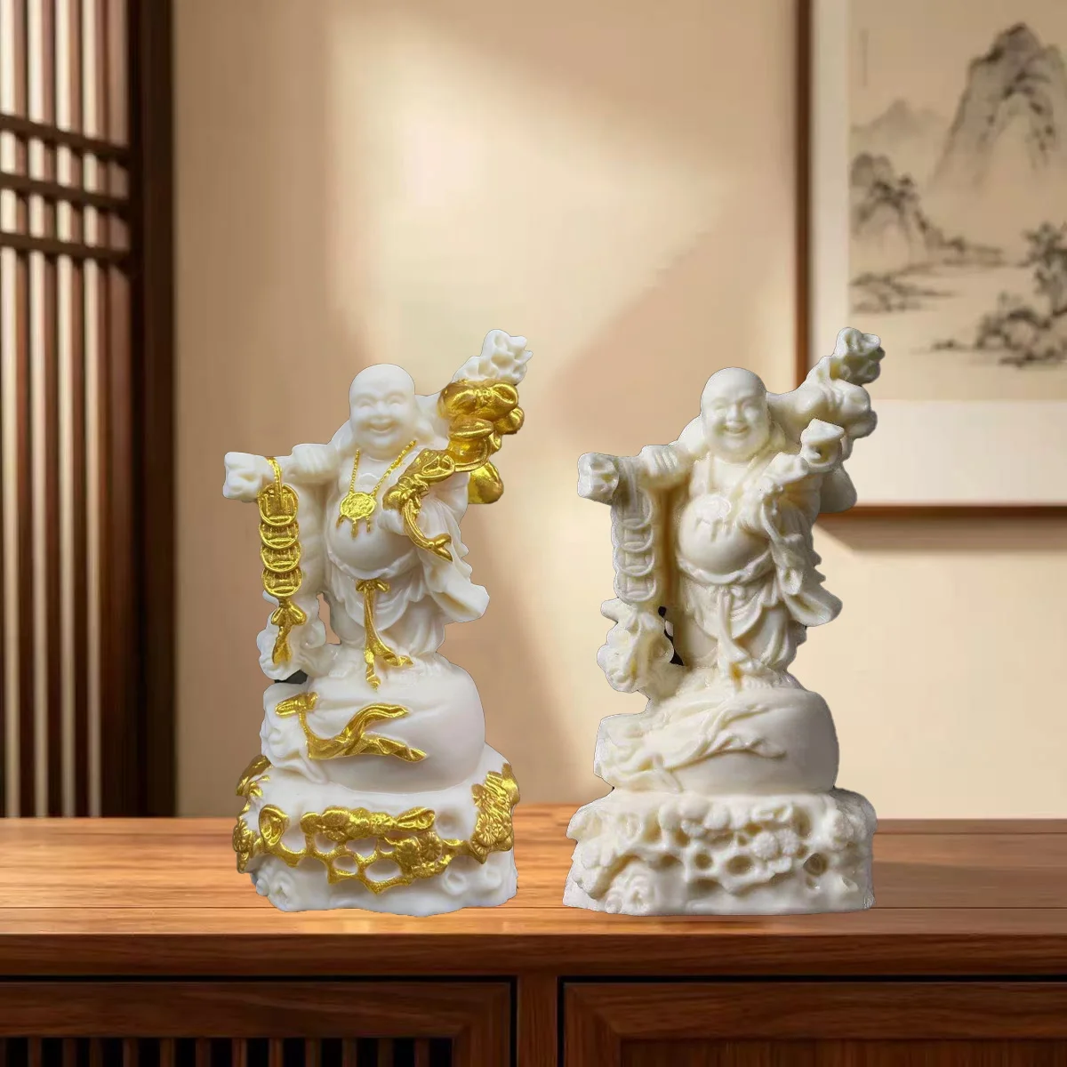 Resin Laughing Buddha Statue Holding Copper Coins, Maitreya Figurine for Feng Shui Home Office Desk Decor, Wealth Good Luck Gift