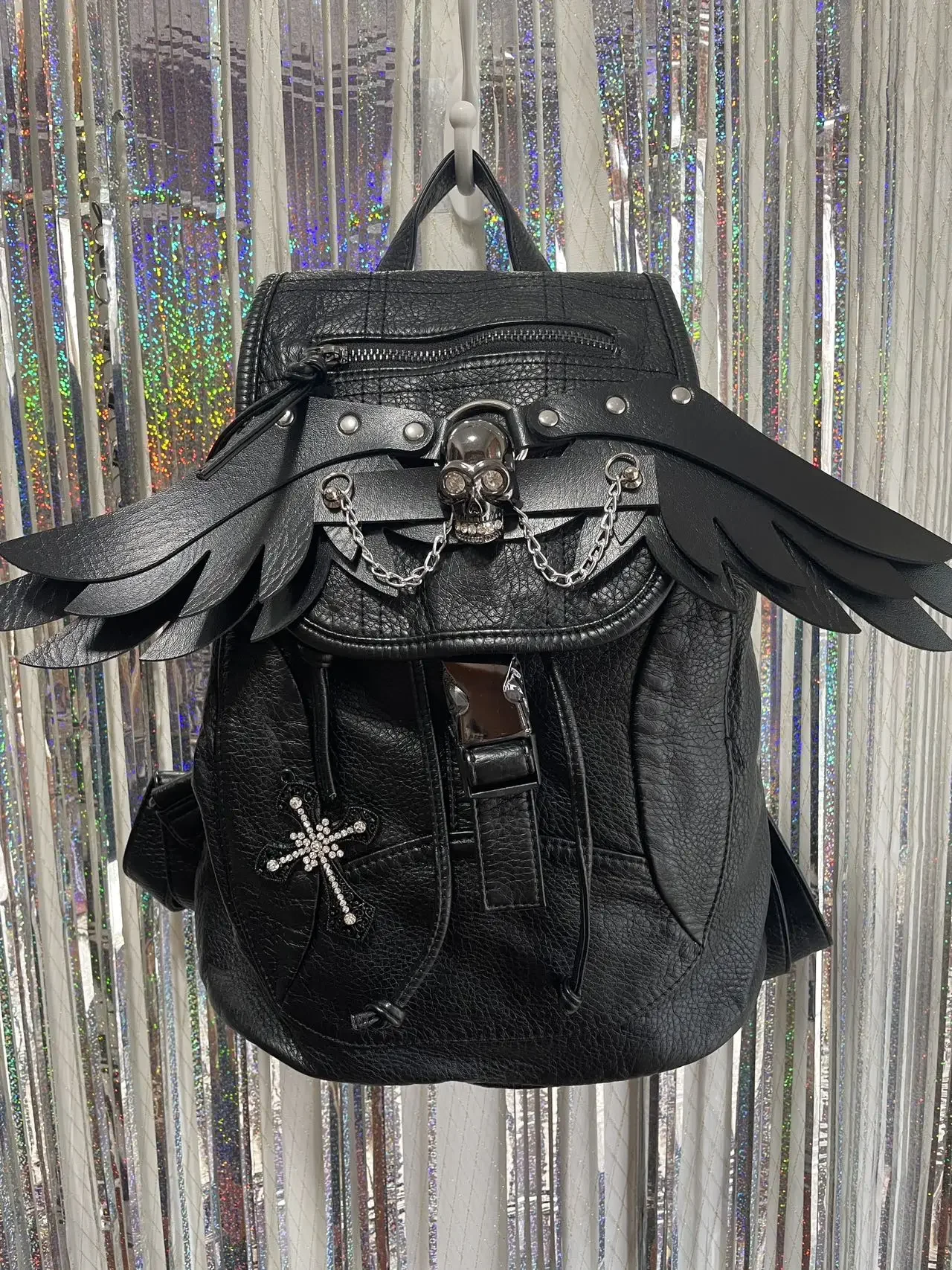 Rhinestone Cross Chain Rivet Alt Dark Streetwear Daypack Gothic Wing Skull Backpack Y2K Punk Black Faux Leather Backpack