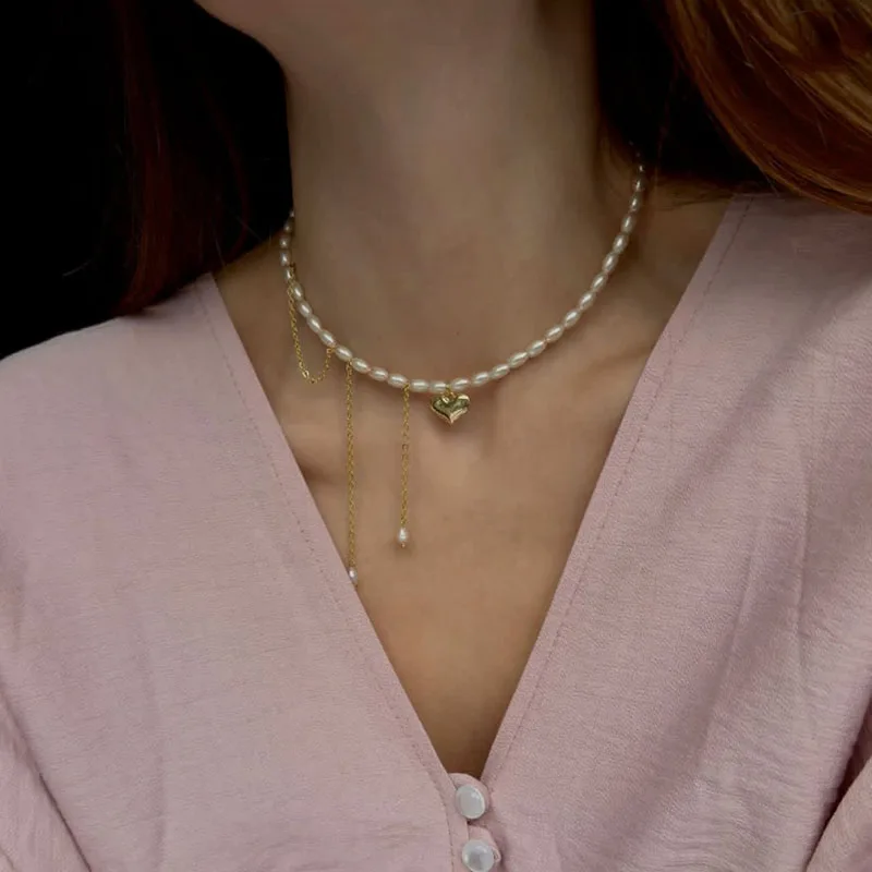 Fashion Tassel Chain Pendant Necklace For Women Boho Imitation Pearl Chain Heart Pendant Jewelry Valentine's Gift N0556