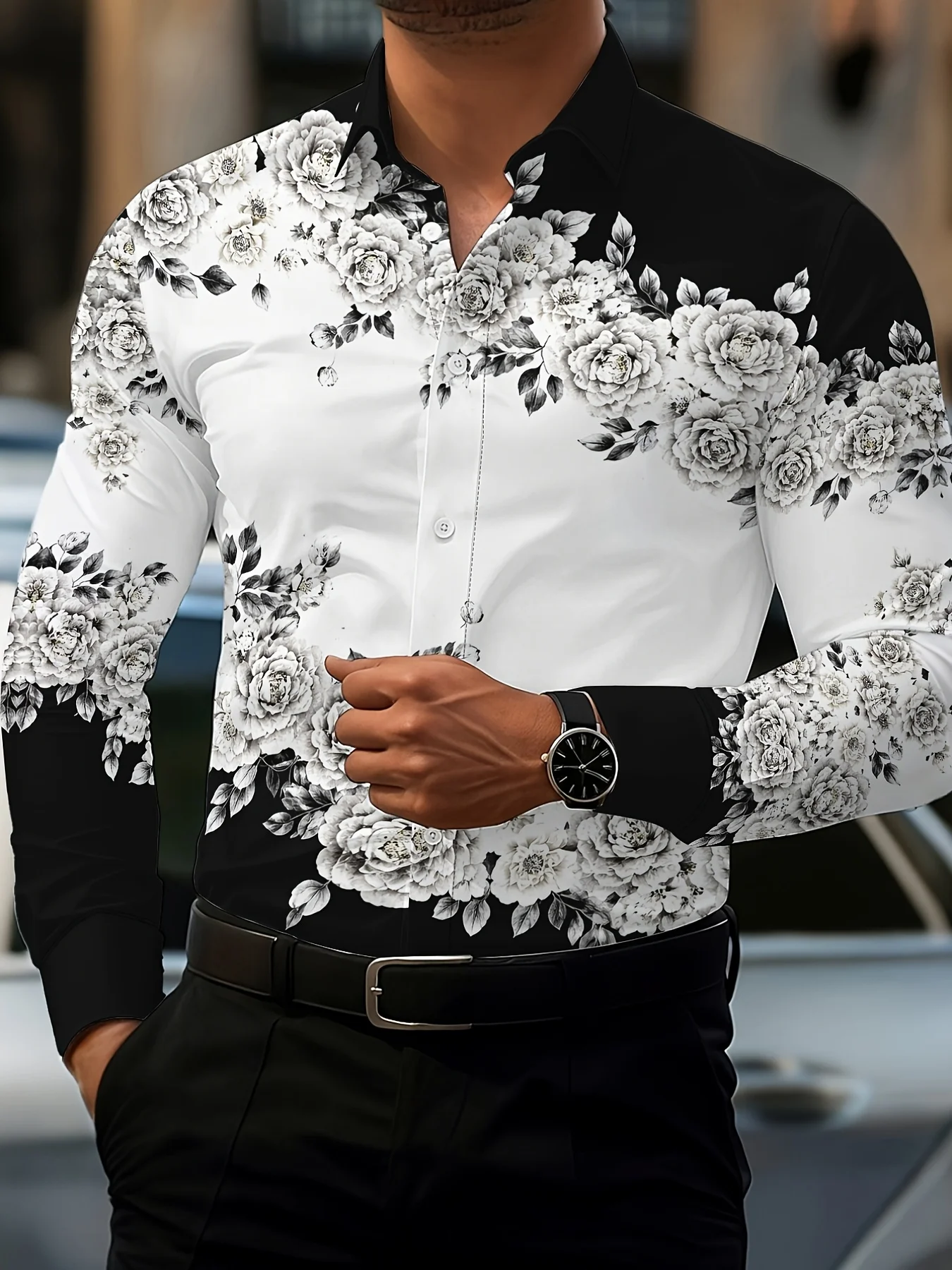 Men Lapel Collar Shirt Contrast Black‑White Base Vintage Grayscale Rose Blossom Foliage Graphic Polyester Long‑Sleeve Top