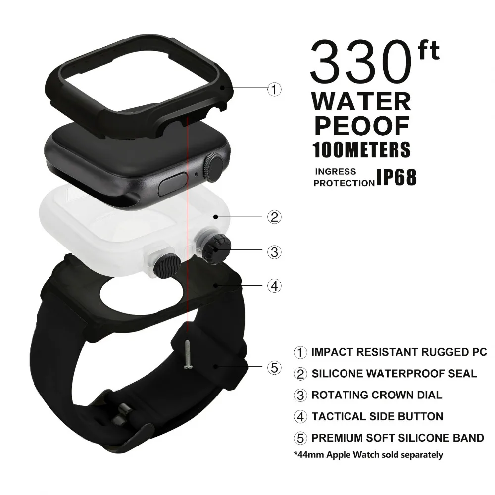 Waterproof Shell for Apple Watch 44mm 42mm Diving anti-fall military swimming silicone strap case for iWatch Series 6 5 4 3 SE 2