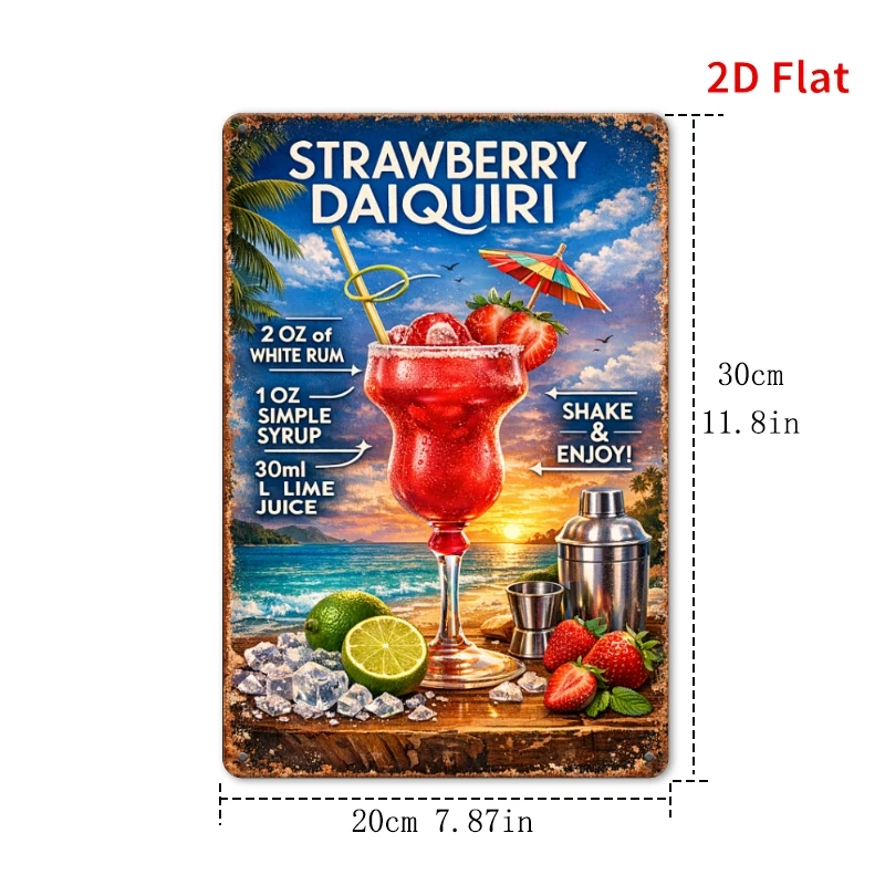 2D Flat - [2Dflat], 1pc 30X20Cm- Metal Tin Sign Strawberry Daiquiri Recipe Tropical Beach Cocktail Bar Kitchen Wall Decor