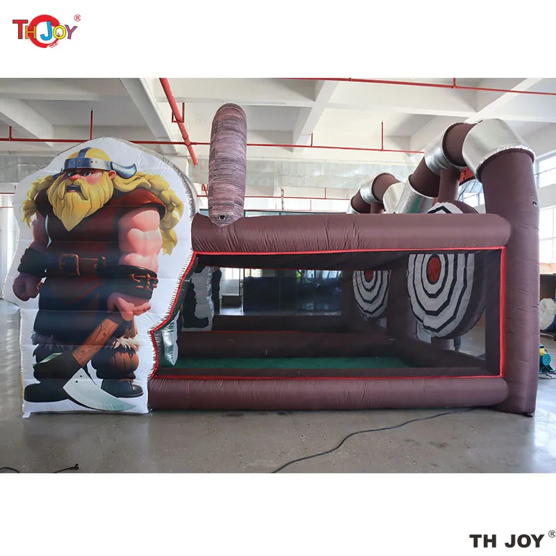 6x5m Nieuw opblaasbaar bijlwerpspel met blazer en bijlen Opblaasbare interactieve spellen voor feestevenementen