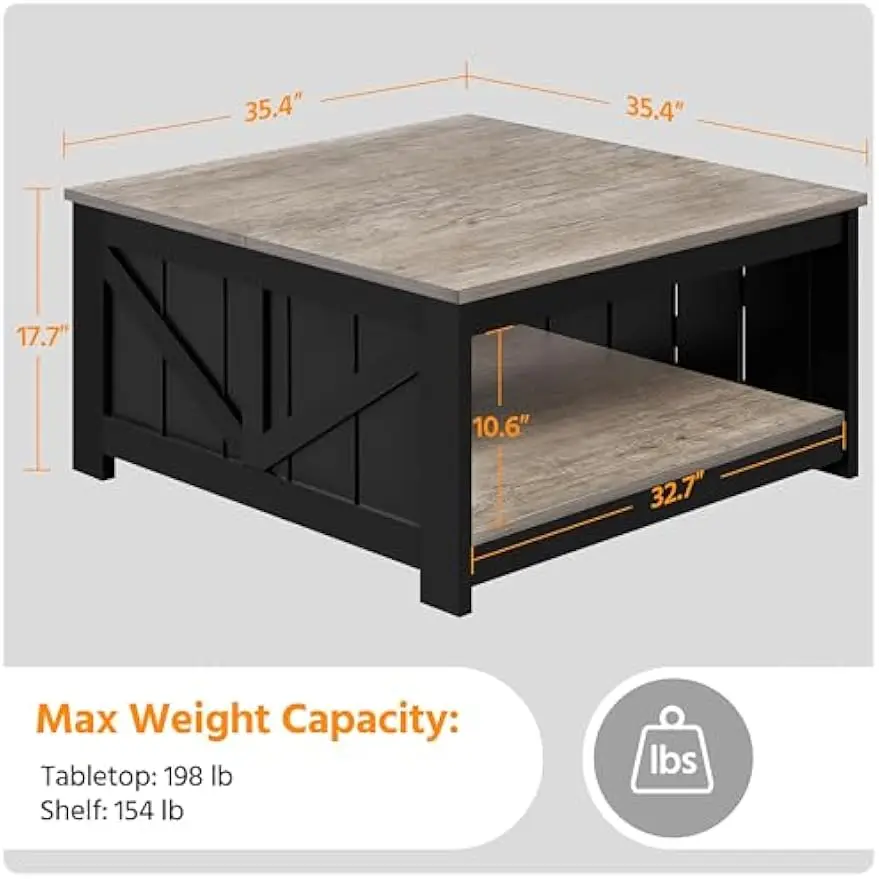 Mesa de centro cuadrada de madera para sala de estar, mesa de centro de granja con estante de almacenamiento abierto, 35,4 pulgadas