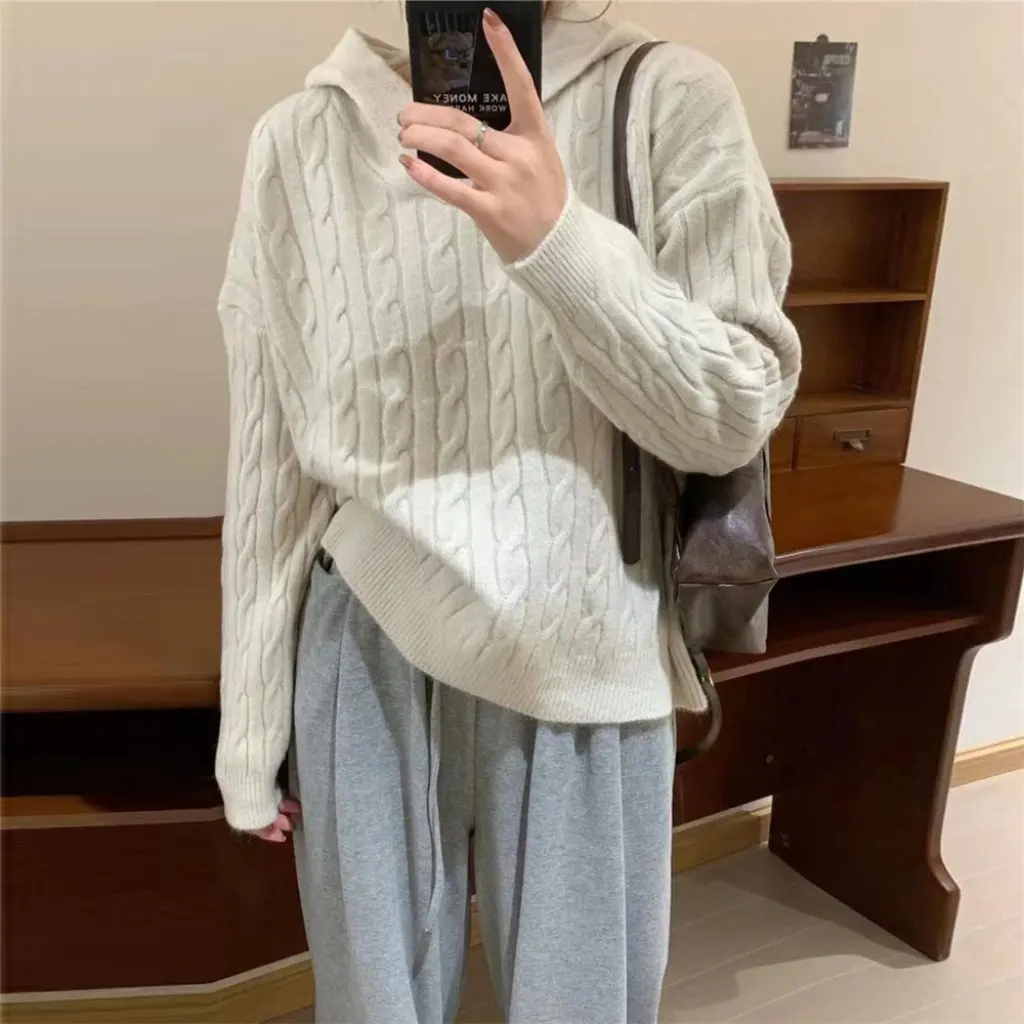

Women's Hooded Korean Style Twist Sweater Top Casual Loose Fit Autumn Winter Pullover All-match Outer Wear