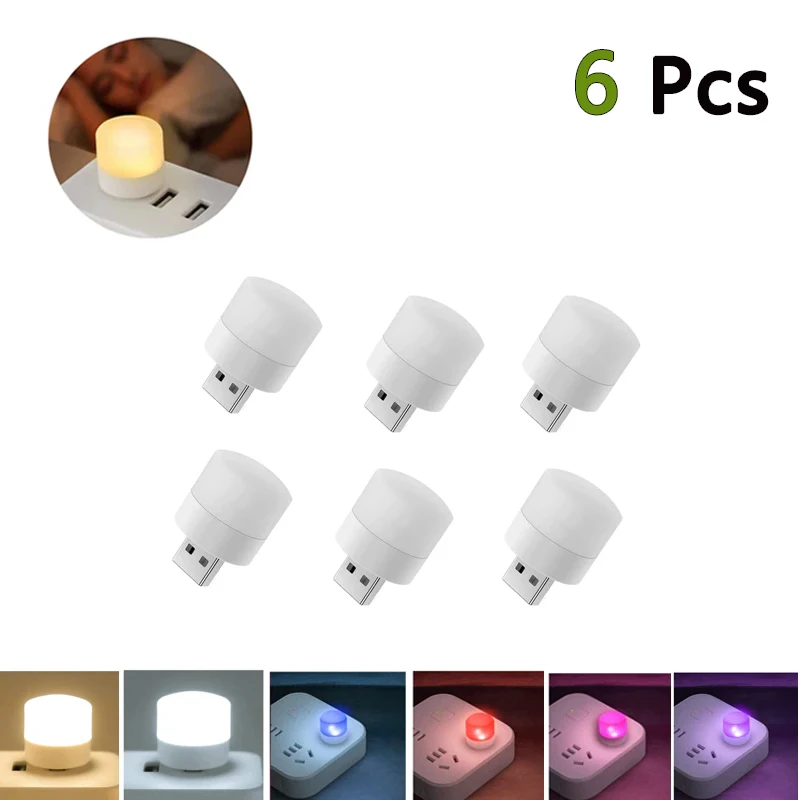 6 Pack USB Plug Lamp Round Night Light Computer Mobile Power Charging USB Book Lamp LED Eye Protection Reading Light