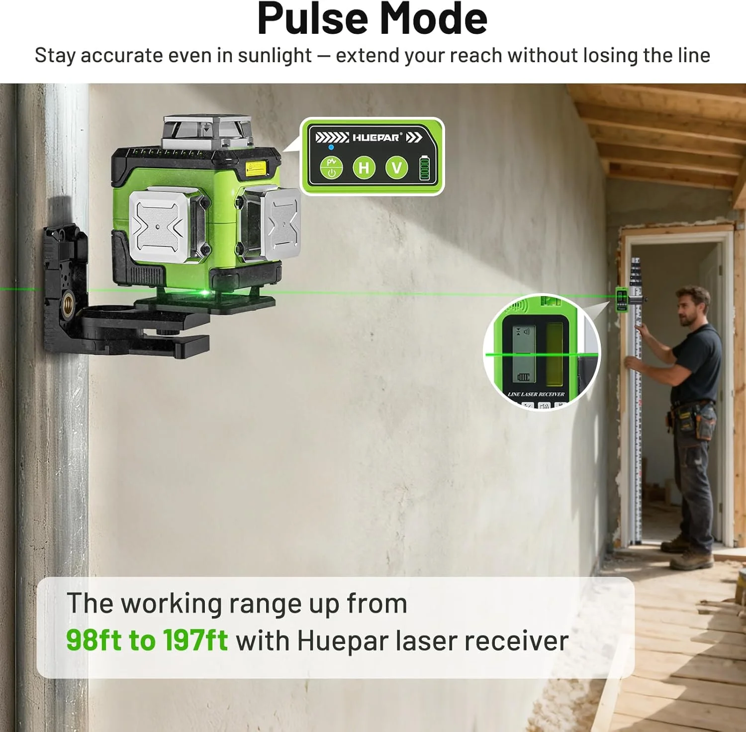 Huepar Laser Level Self Leveling with LCD Screen 4 x 360° High Brightness Rechargeable 4D Lazer Leveler Tool for Construction