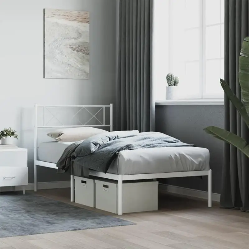 Cadre de lit en acier métallique blanc 90 x 190 cm avec tête de lit confortable, sommier à lattes métalliques stable, espace de rangement inférieur, design moderne élégant pour chambre
