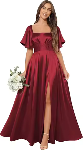 Women's Satin Bridesmaid Dresses with Short Sleeves Ruffles Pleated Evening Gown Formal Dress with Slit
