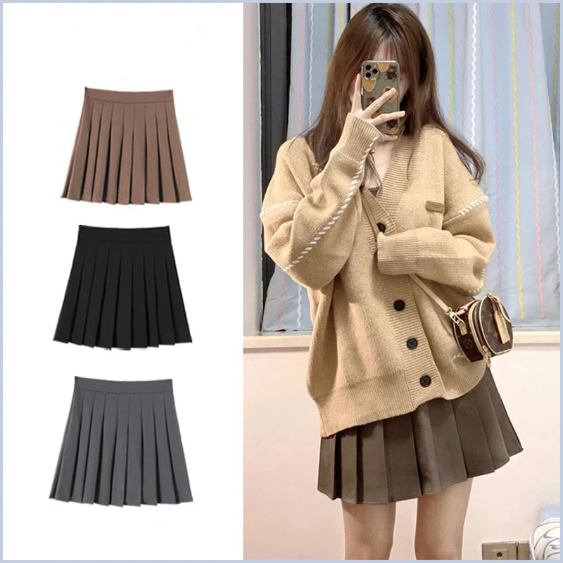 Kaki Color Half-length Pleated  Skirt Women's Autumn Winter High-waist A-line Skirt Short Skirt Matching Sweater Trendy
