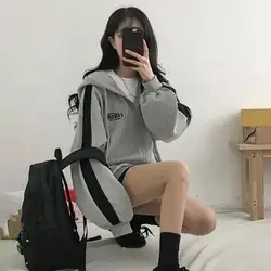 Damskie solidne kolorowy zamek błyskawiczny bluzy z kapturem Harajuku z ze ściąganym kapturem, długa rękawem koreańskie Casual kurtka z kieszeniami Streetwear