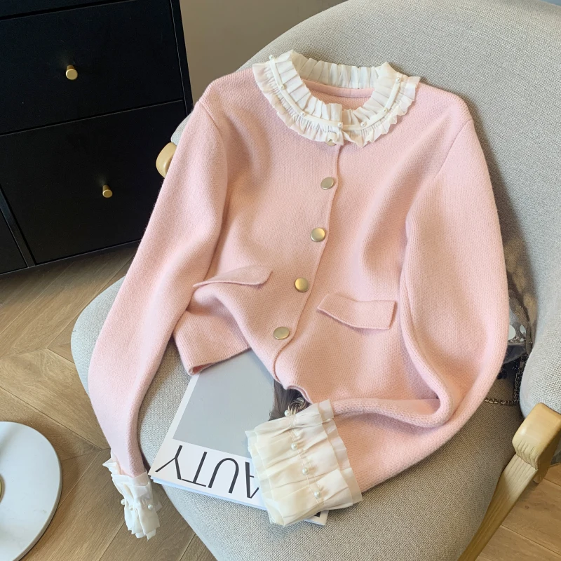 2024 Spring French Sweet Splicing Lace Beaded Sweater Women\'s Small Fragrance Knitwear Sweaters Coat for Women cropped cardigan