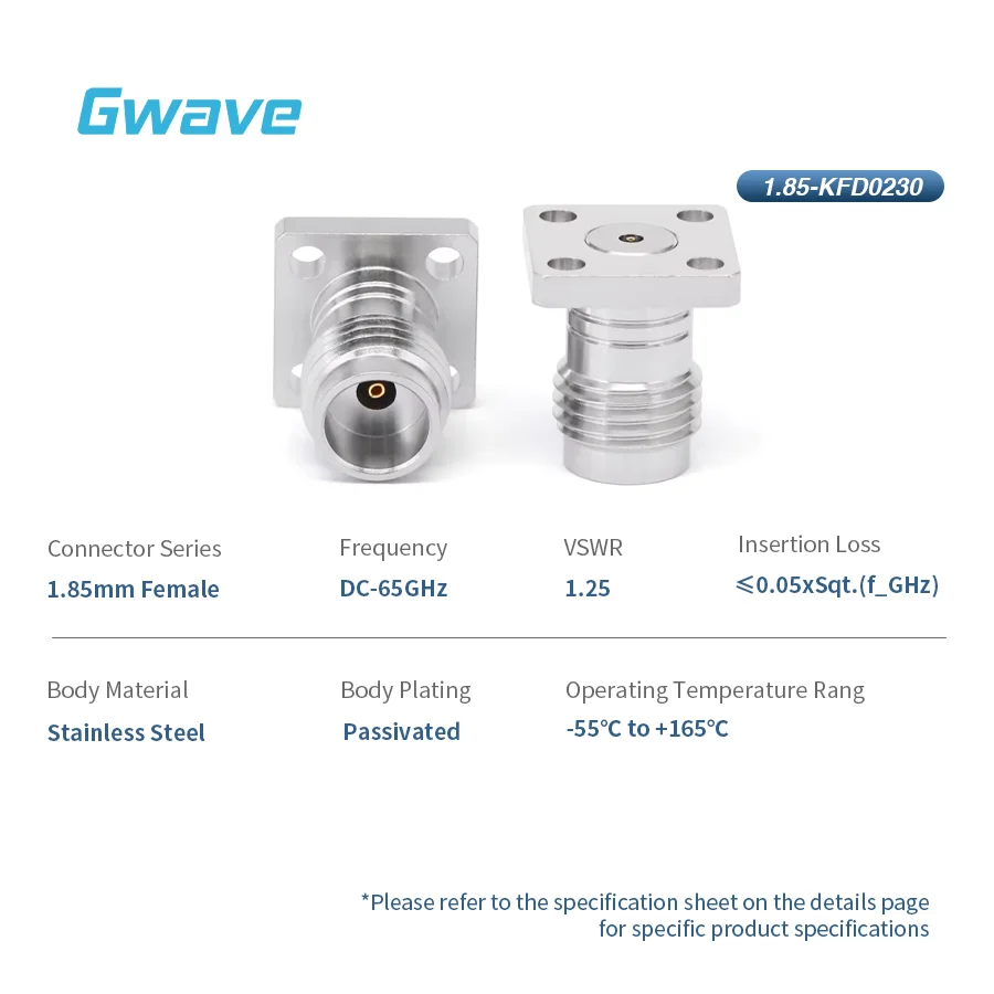 1.85mm Female Field Replaceable RF Connector with 4-Hole Flange for PCB & RF Applications Pin Diameter 0.3mm DC-65GHz