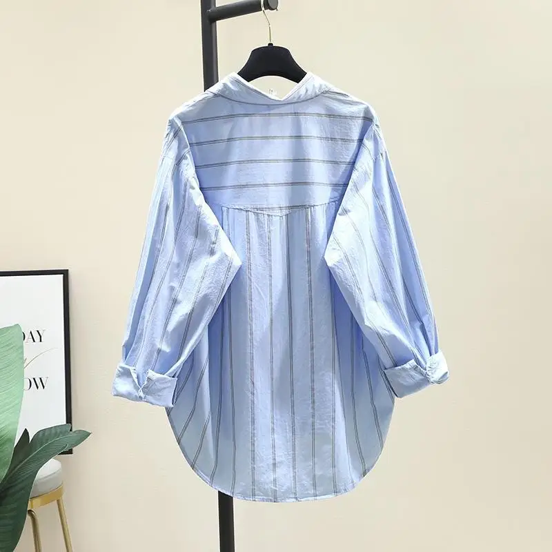 Embroidered Eyes Blue Striped Shirt for Women\'s Spring Autumn New Korean Version Loose Slimming Long Sleeved Casual Trendy Top