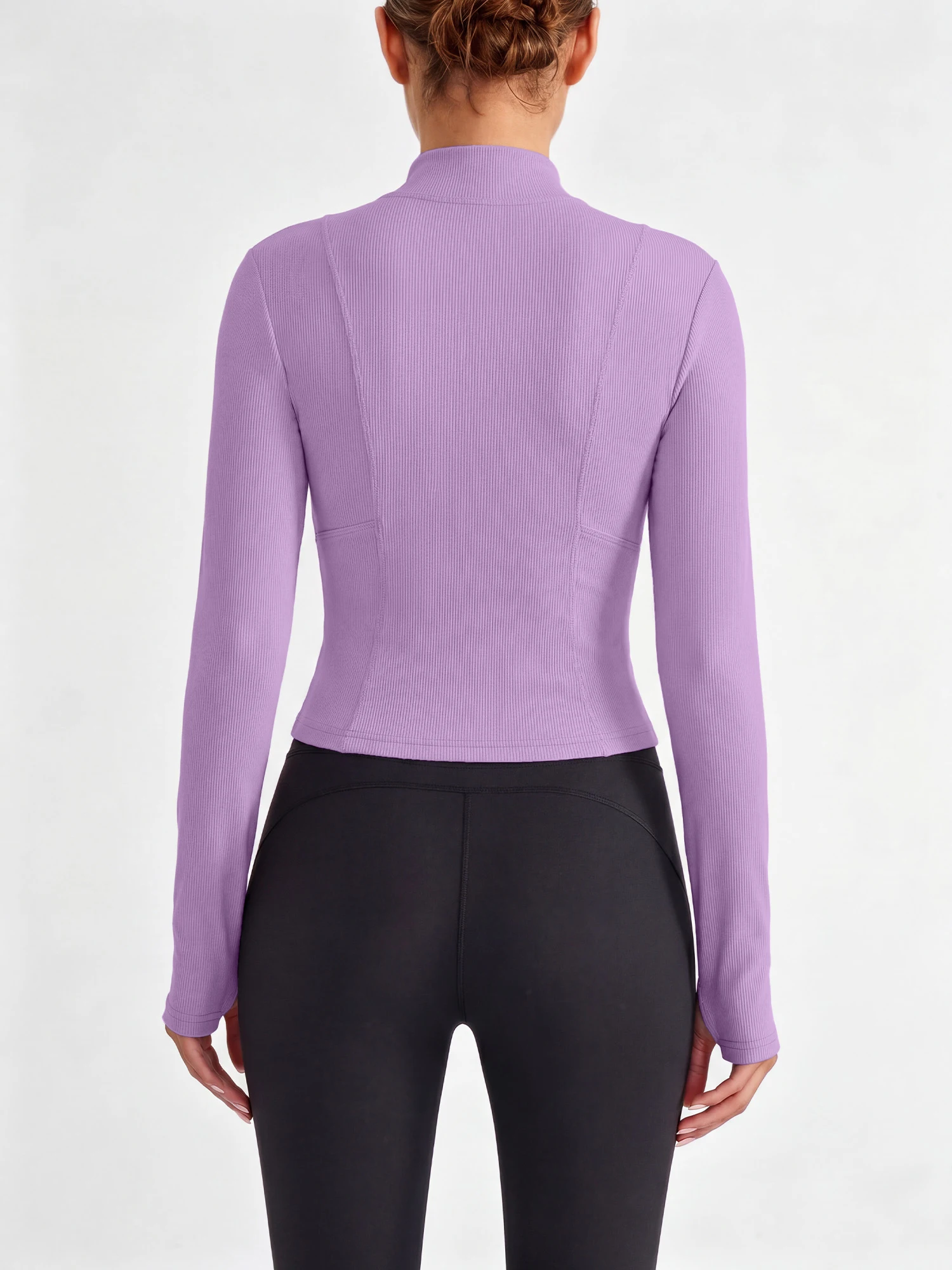 Solid Color Ribbed Women Long Sleeve Jacket Stand Collar Zip Up Slim Fit Cropped Casual Outerwear