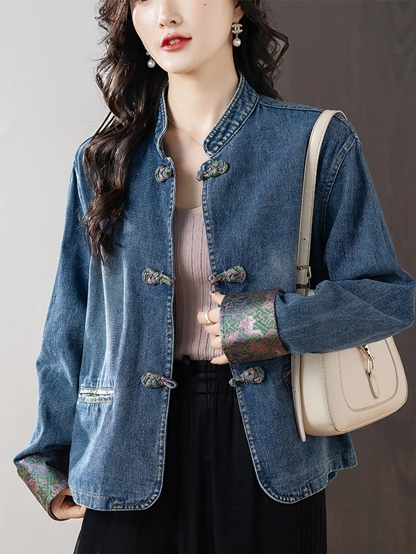 Authentic New Chinese Style Women's Denim Jacket Spring Autumn 2026 Trendy Top Ladies Short Outerwear Polyester Fiber