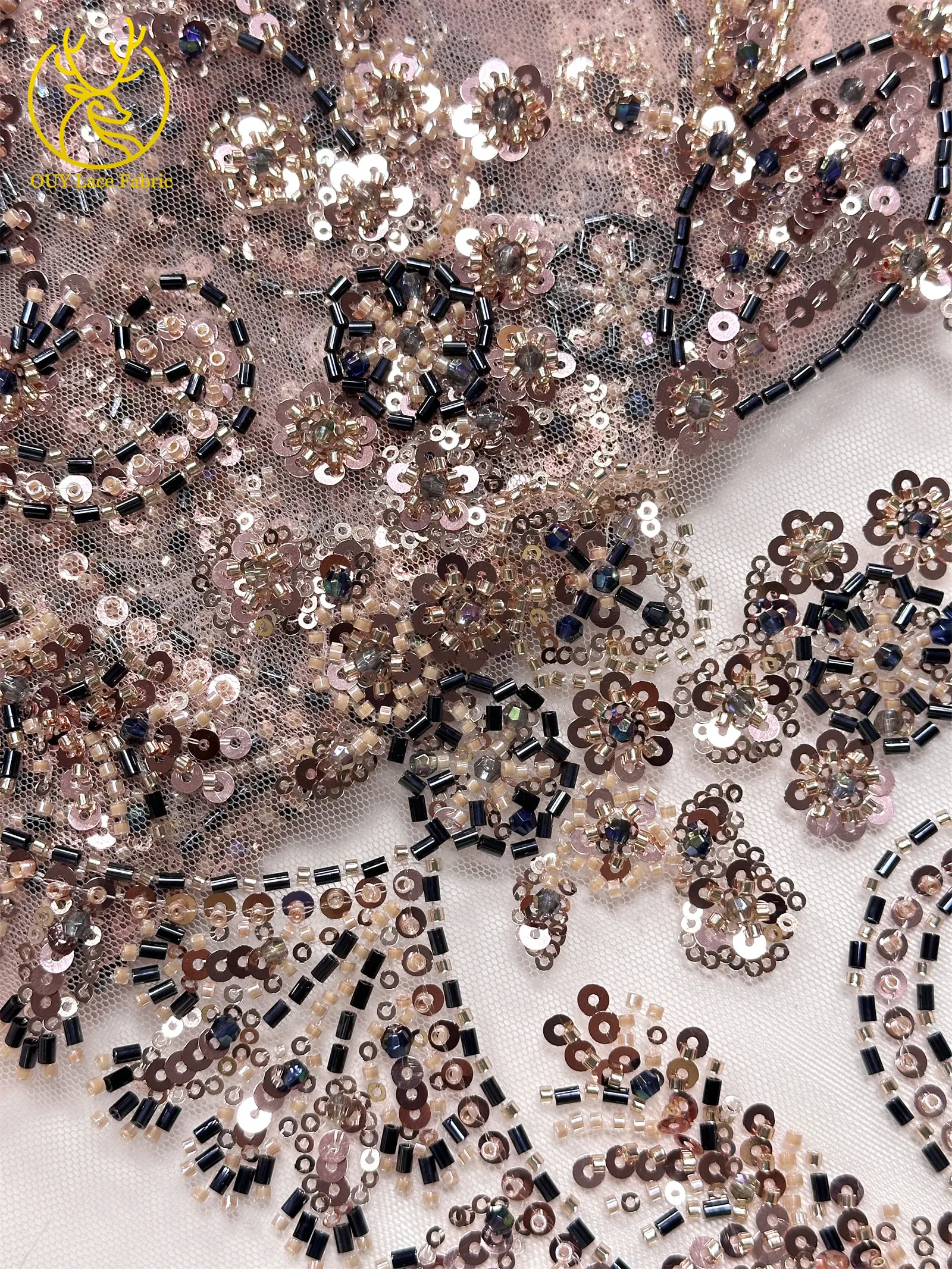 Pfirsichfarbener, hochwertiger, eleganter afrikanischer Brautkleidstoff mit Stickerei und Perlen, 2026 Nigerianische Pailletten-Spitze für Abendkleider und Hochzeitskleider zum Nähen – Detail 13