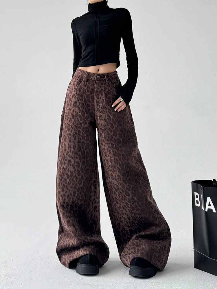 

Свободные повседневные широкие брюки с высокой талией, женские зимние брюки 2024, новинка 2024, утягивающие драпированные прямые брюки с леопардовым принтом