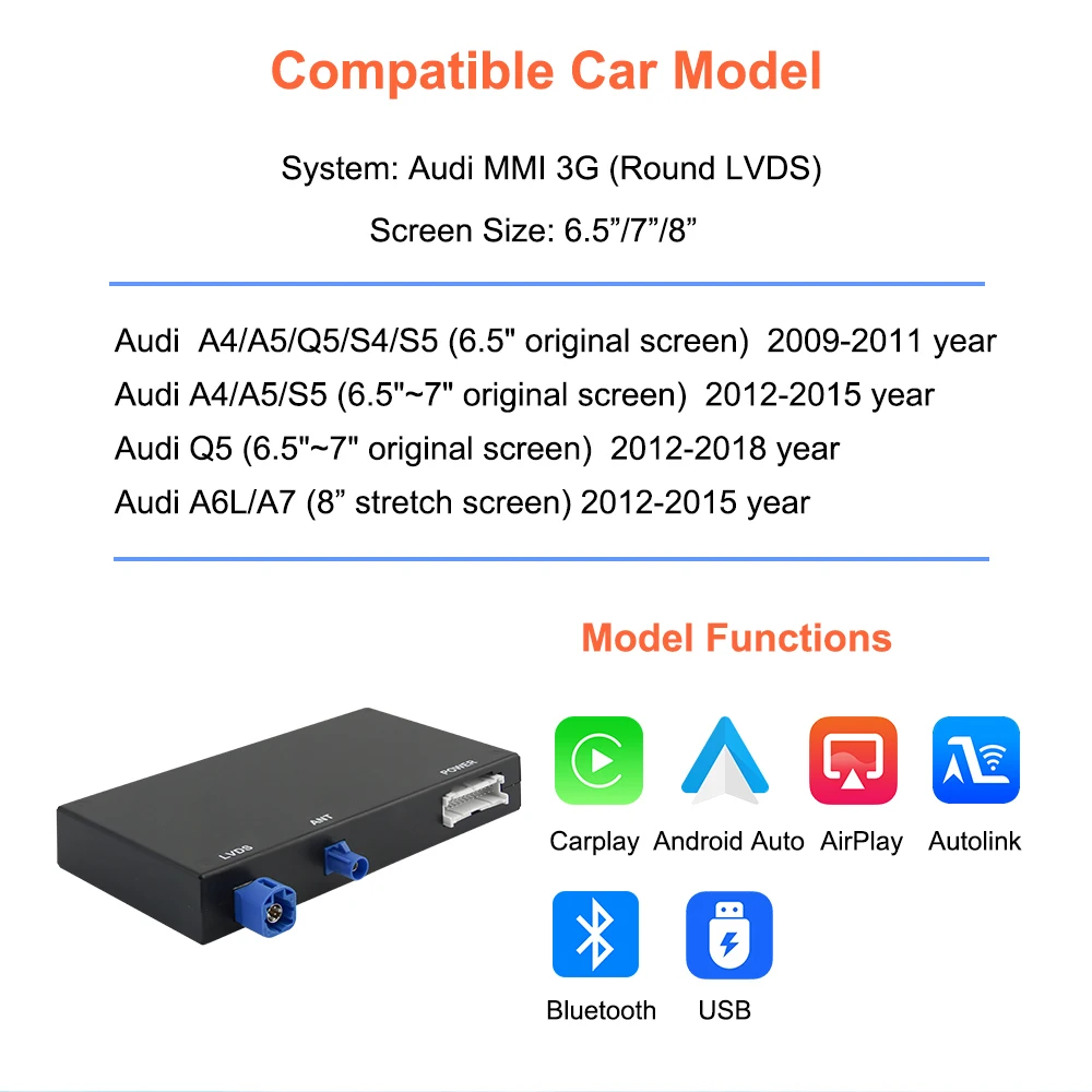 Bonroad Wireless Carplay Android Auto Retrofit Kits For Audi A4 B8 A5 Q5 2009-2015 Mirror Link Airplay Interface Decoder Box – Detail 4