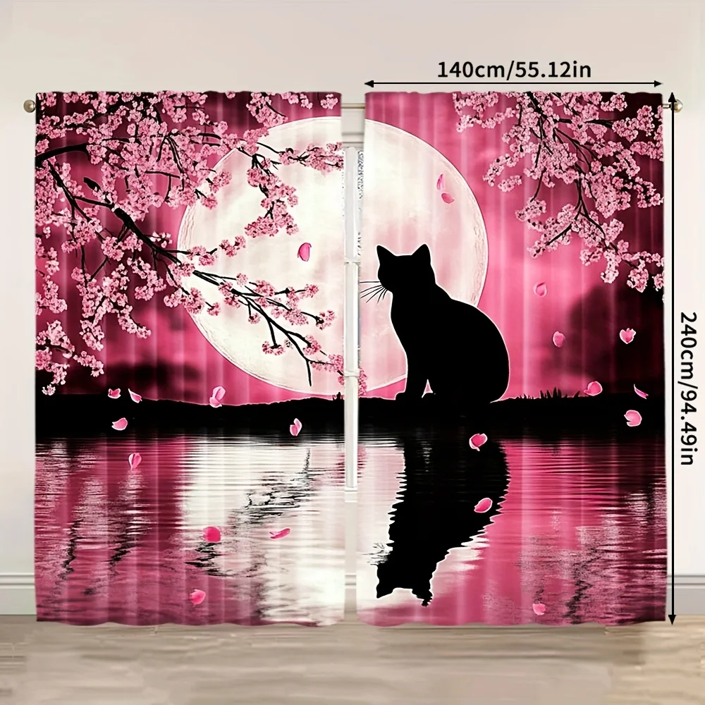 2pcs Cherry Blossom Moon Curtains Black Cat Silhouette Print Drape Japanese Style Bedroom Window Treatment Romantic Night Home