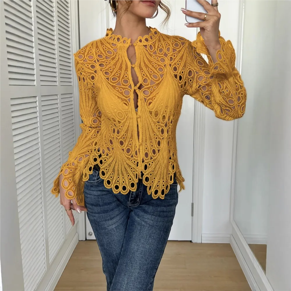 Women's Sexy Lace Hollow Solid Color Evening Shirt Spring Summer New Fashion Elegant Female Casual Versatile Long-sleeved Tops