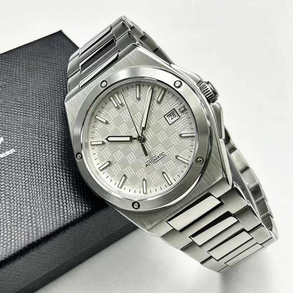 Luxury Men Mechanical Wristwatch,38mm Case,Luminous Markers,Date Window,Silver Steel Band,ST1612/Miyota 8215 Movement