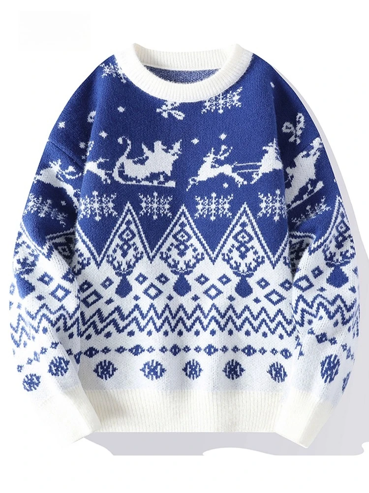 2025 Autumn Winter New Men's Warm Christmas Red Knit Sweater Black Blue Round Neck Long Sleeve Loose Casual Sweater