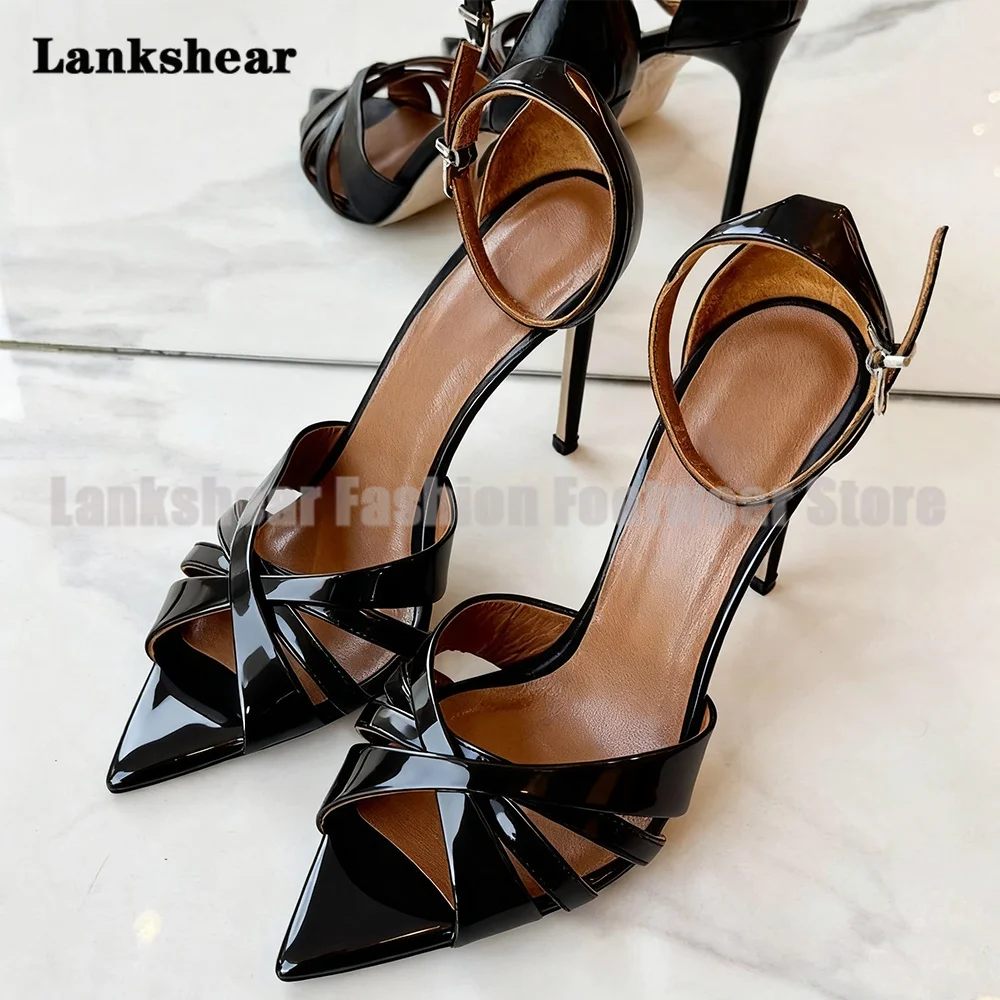 

Cross Strap Stiletto Heels Sandals Sexy Patent Pointy Toe Ankle Strap High Heels Women Shoes Summer Sandalias De Mujer Verano