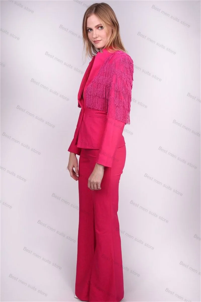 Pink Tassel Women Suits Set 2 Pieces Blazer+Pants Formal Prom Dress One Button Jacket Coat Trousers Custom Made Outfit