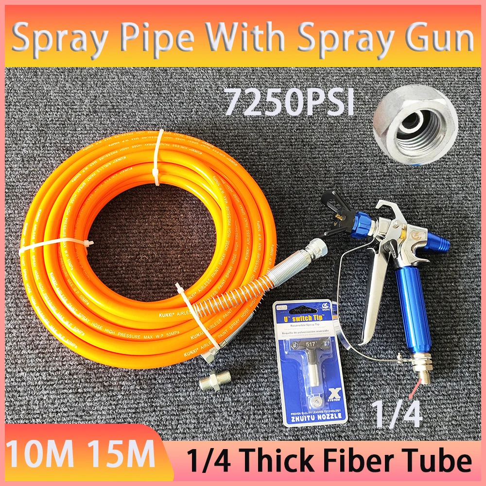 

Airless Paint Spray Hose Kit Spray Gun 1/4 BSP 7250PSI High Pressure Double-Layer Fiber-Nylon Tube w/ 517 Tip and Tip Guard ﻿