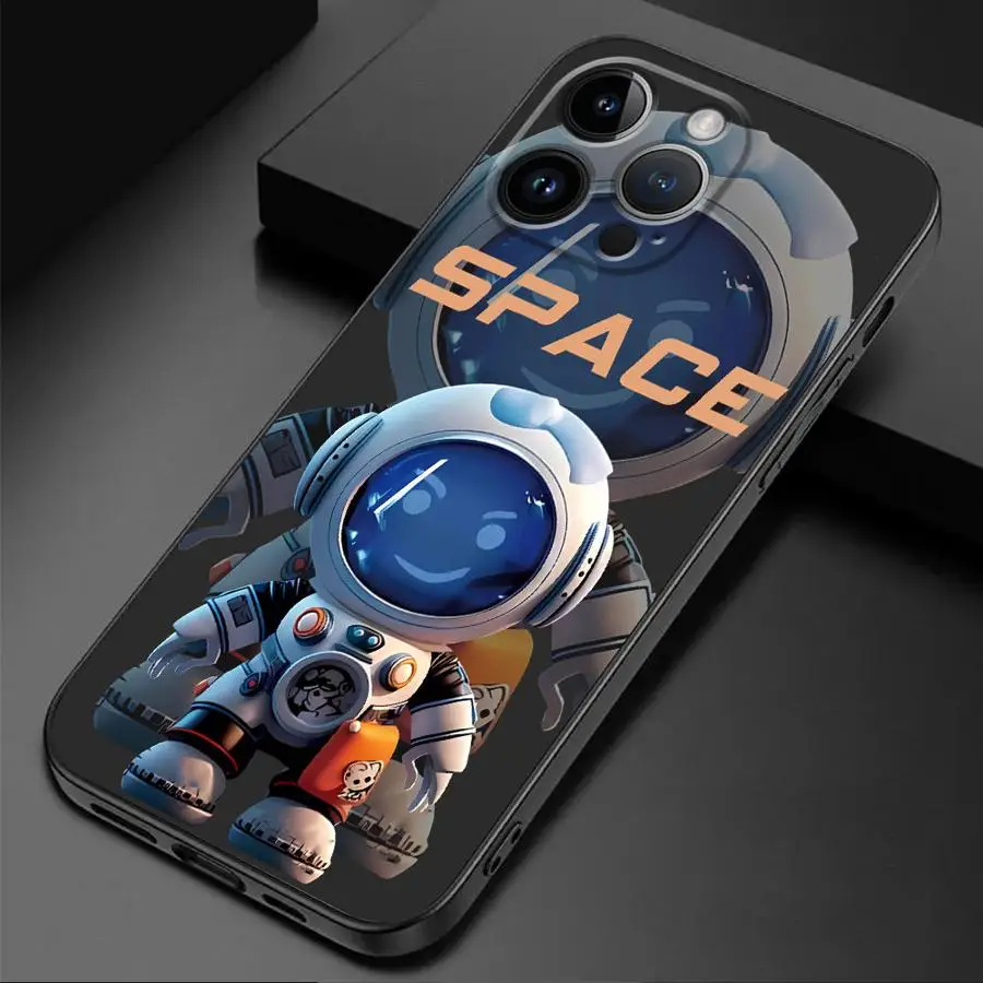 Luxury Space Astronaut Phone Case for iPhone 16 Pro 13 Pro 14 XR 12 Mini 15 Pro Max XS X 7 8 SE 11 13pro Cover Black Soft