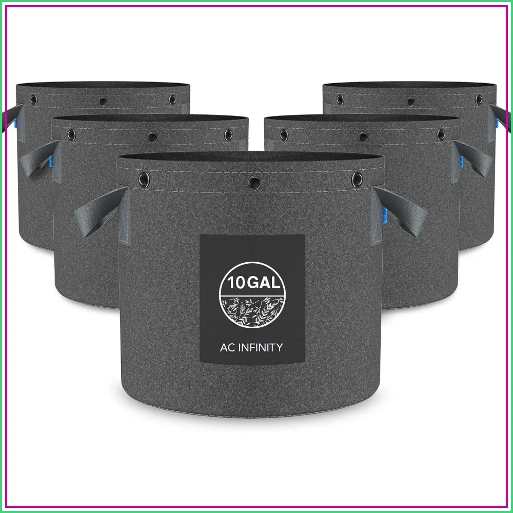 10 Gallon Fabric Pots 5-Pack, Heavy Duty Aeration Grow Bags with Thick Nonwoven Fabric & Rings for Plant Training