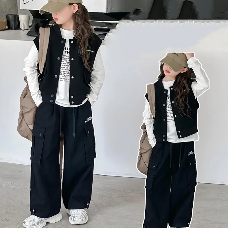 

Girls Clothes Sets Size 4-14Y Kid Vest Coat+TeeTop+Pants Bottom Suit Child 3 Pices Of Clothing Sets Toddle Girl Casual Cargo Set