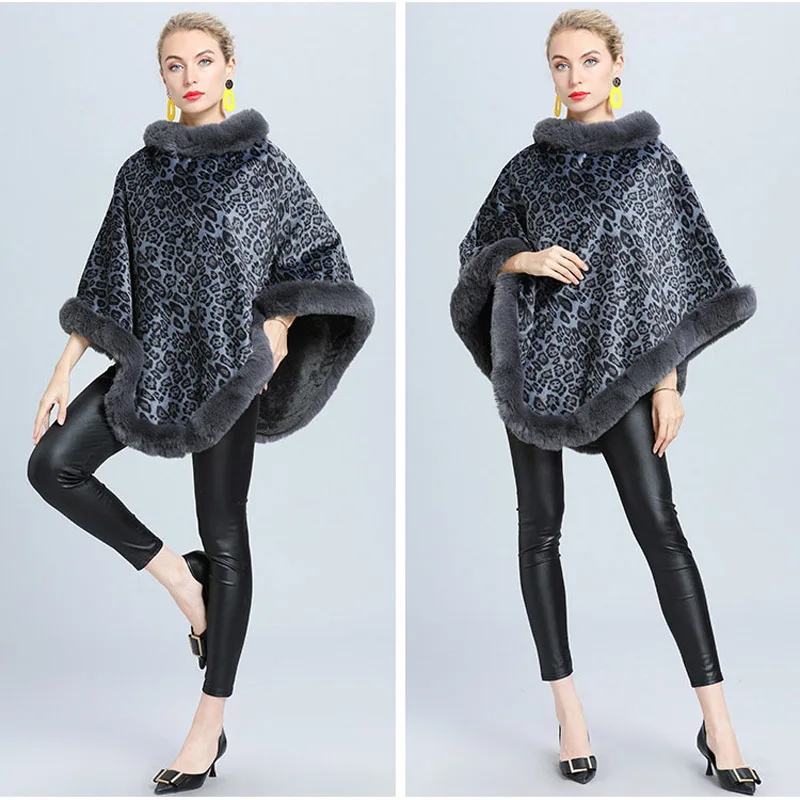 Modny płaszcz poncho z miękkiego sztucznego futra królika w panterkę, gruby, puszysty, ocieplany, narzutka, peleryna damska, nowy zimowy szal, prezent dla mamy