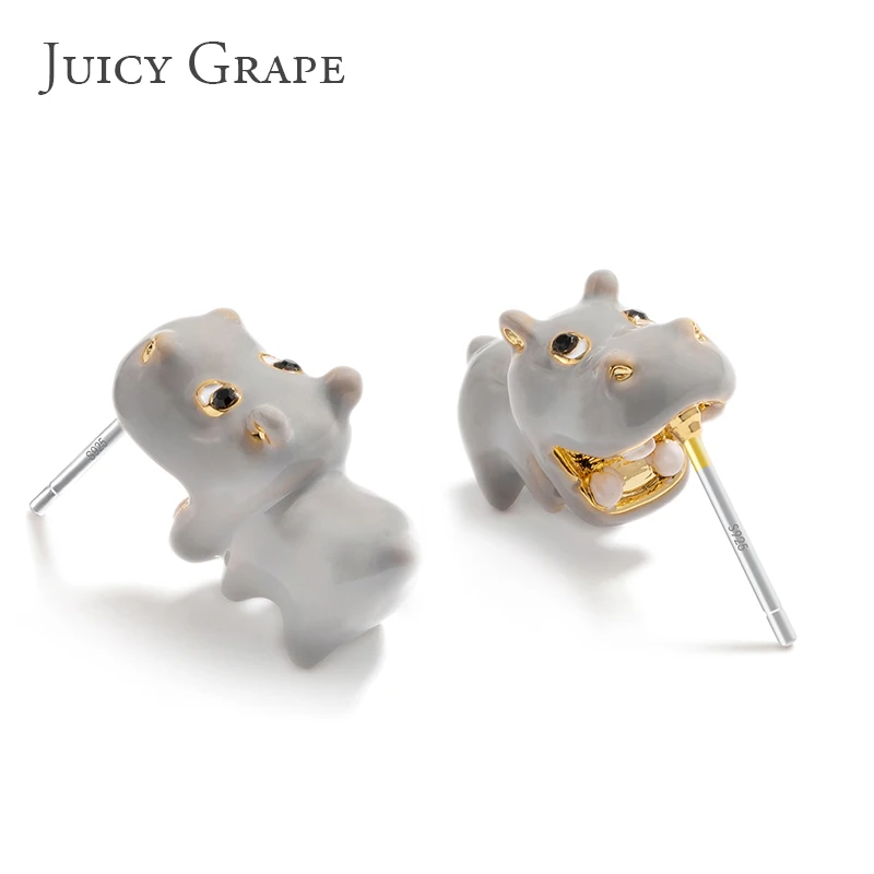 Juicy Grape Cute Hippo Earrings Copper Plated 18K Hand-Painted Enamel 925 Silver Needle Brand Jewelry
