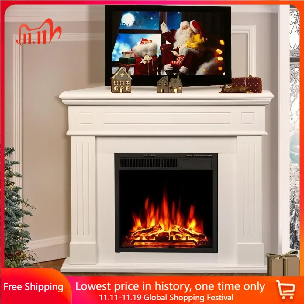 TV Stand with Remote Control Mantel Wooden Surround Firebox with Adjustable Led Flame Electric Fireplace TV Console