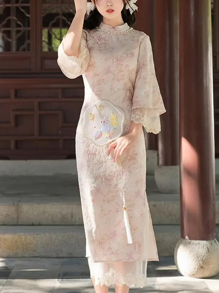 

Spring Autumn Long Chinese Style Cheongsam Dress Women Pink Modern Qipao National Traditional Robe Orientale Girl Vestido Chino