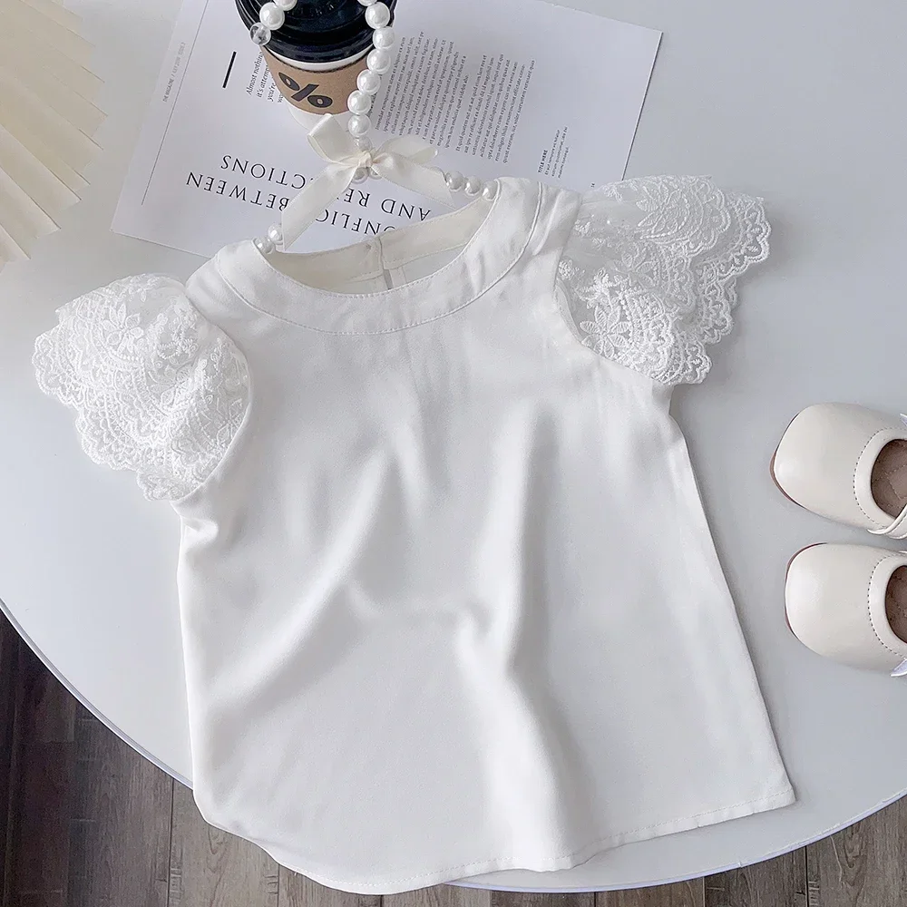 Summer New White Girls' Short Sleeved T-shirt Children's Lace Shirt Top Korean Version Fashion Basic Versatile