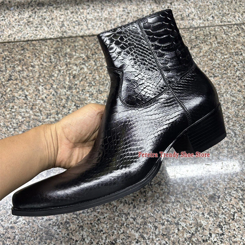 Snake Patterned Embossed Short Boots Genuine Leather Thick Heel Chelsea Boots Autumn Winter Comfortable Handmade Men's Shoes