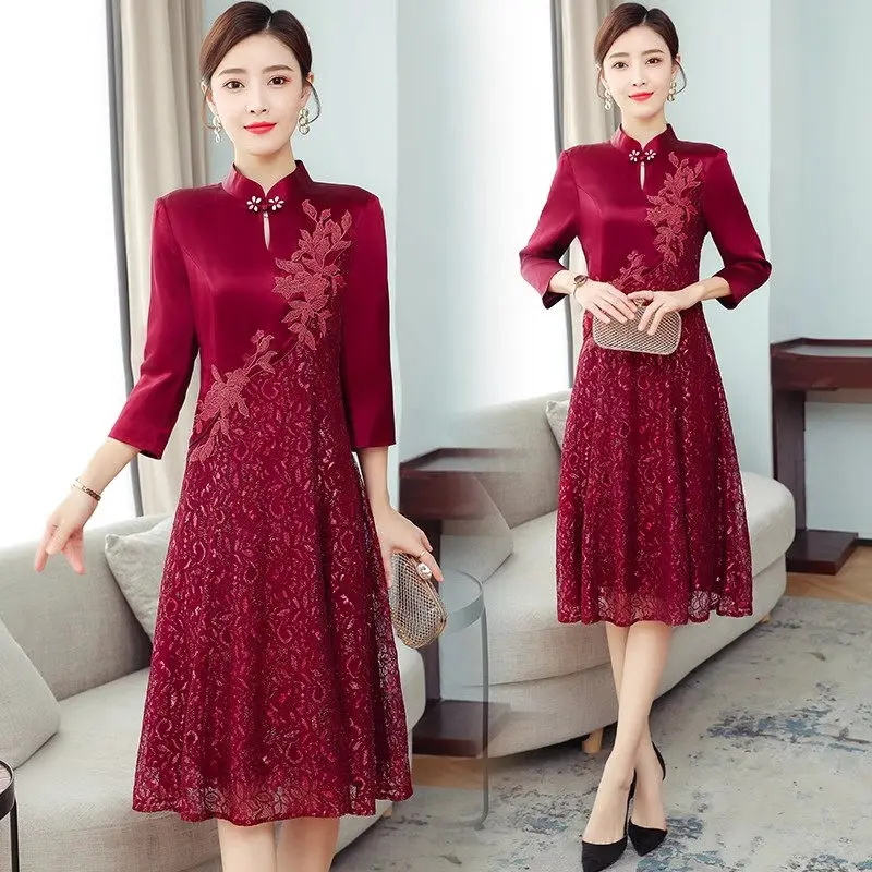 Mom's Dress 2023 Autumn Noble Temperament New Chinese Style Lace Improved Qipao Wedding Banquet Evening Dress Z3120