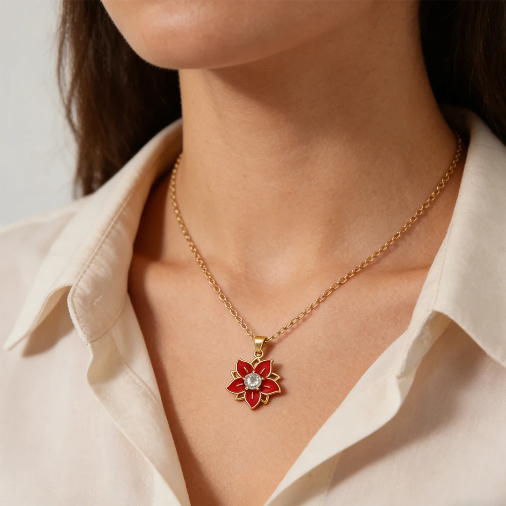 Vibrant Red Floral Pendant Necklace For Women Gold Chain For Mom Casual Outings And Sweet Sentimental Mother's Day Gift Jewelry