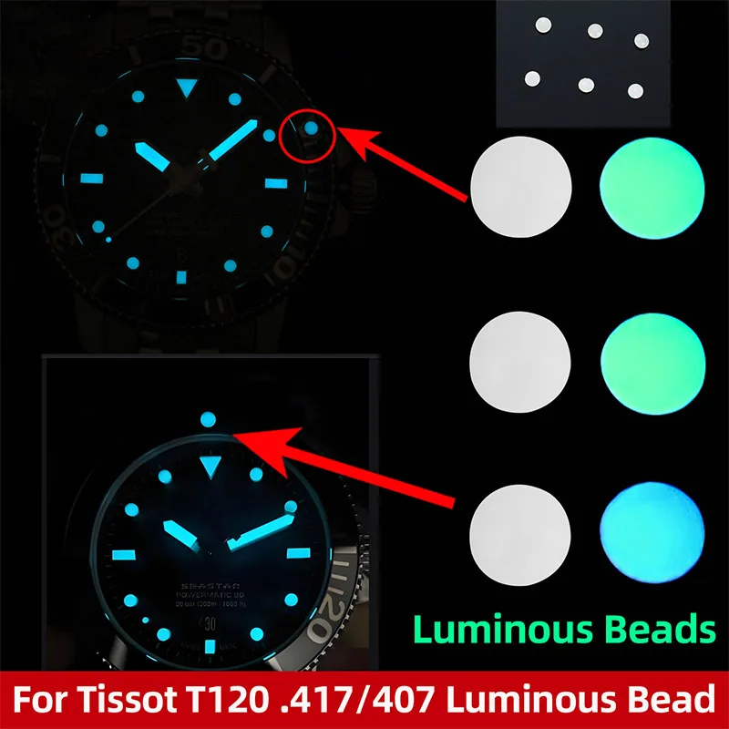 Светящаяся бусина Seastar для Tissot 1853, T120.417/407, ночная жемчужина, сине-зеленая флуоресцентная бусина без основания, сапфировый ободок, вставные детали