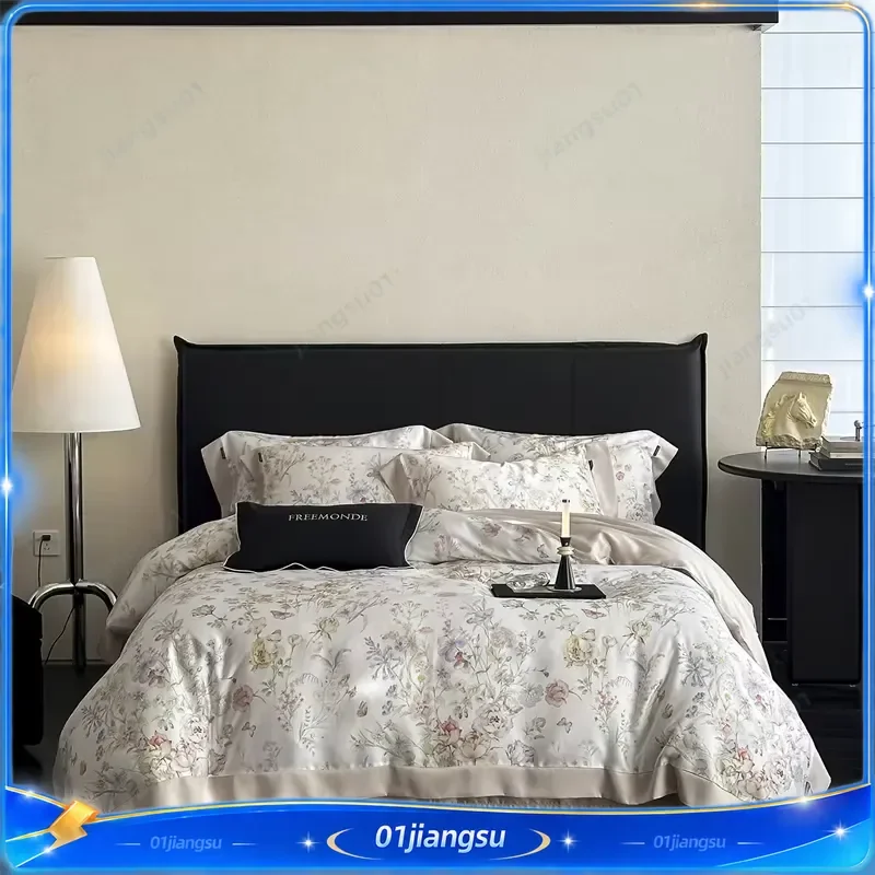 High Count Lyocell Bedding Set Silky Cooling Luxury Duvet Cover Sheet Pillowcases 4Pcs Floral Botanical Print Soft Breathable