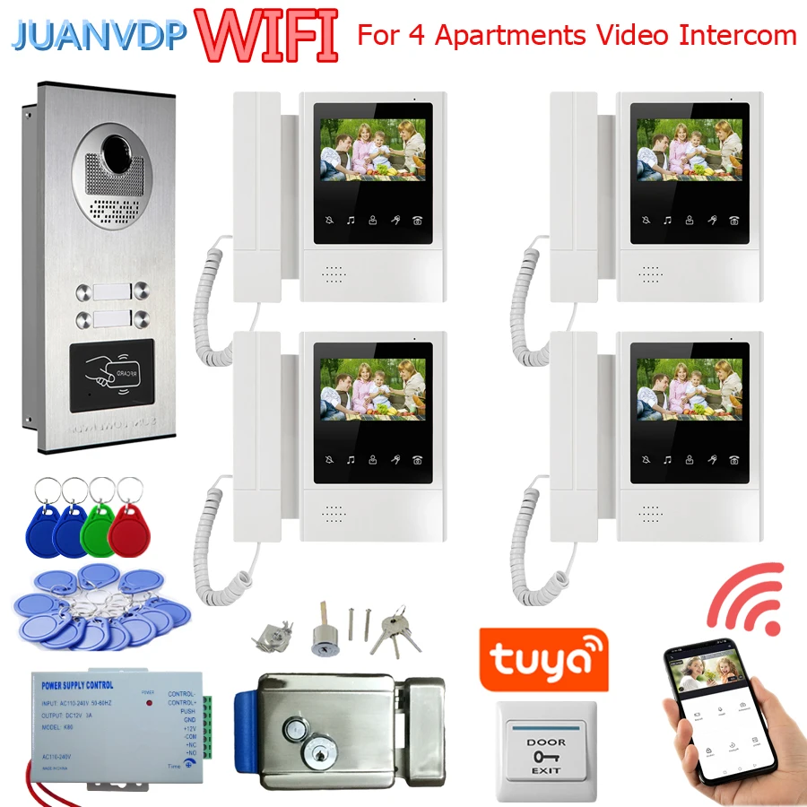 Tuya Wifi 4.3 Inch Screen Video Intercom for 2/3/4/6 Unit Apartments with RFID Card / APP Unlock Doorbell Camera Systerm Kit