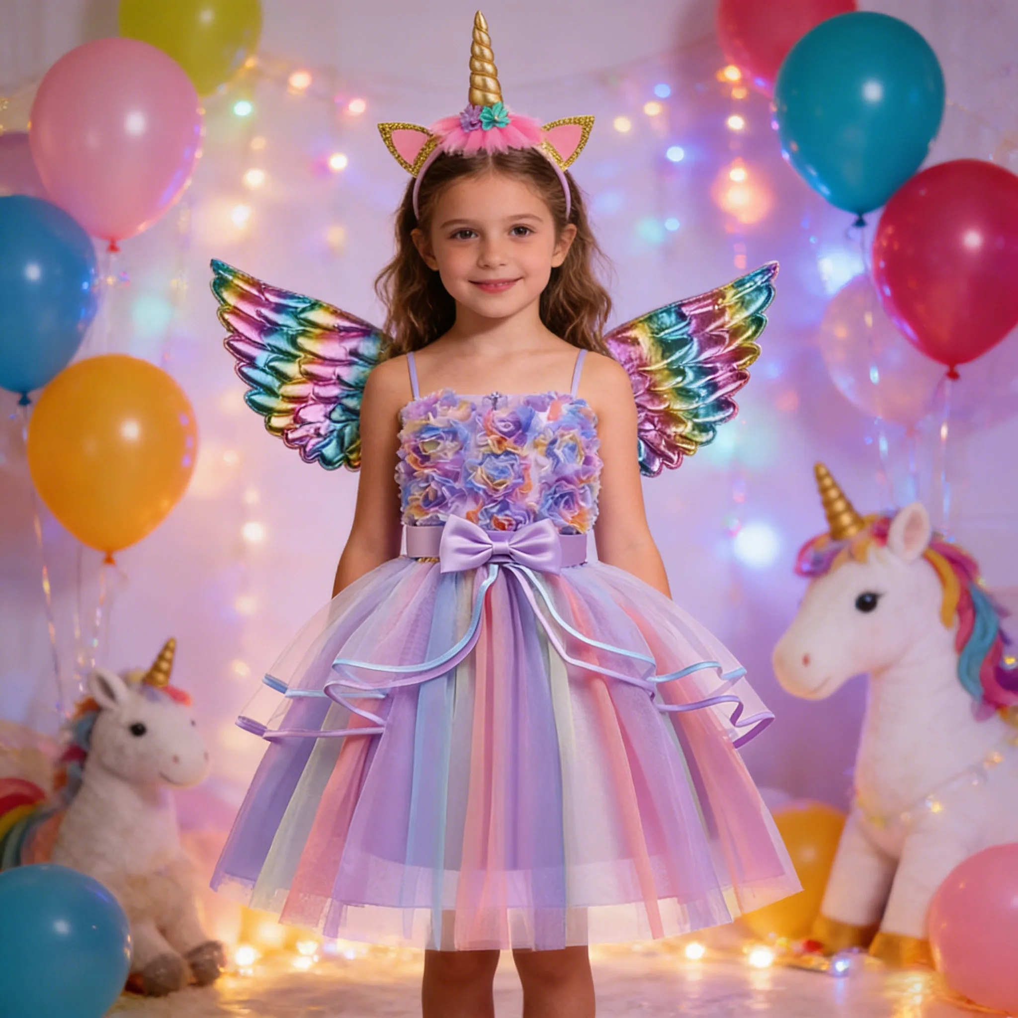 

luxury Girl's cartoon Unicorn Rainbow Dress headband wings Three Piece Set Wedding Party Dress Carnival Girl's Birthday Party