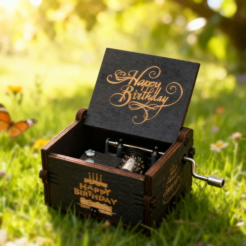 Birthday Present Happy Birthday Wood Music Box Automatic Knob Metal Movement Decorative Ornaments Mascot Decorative Ornaments