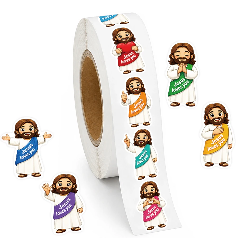 500 Pcs Jesus Loves You Stickers Roll, Christian Faith Decorative Labels, Assorted Religious Theme Stickers for Gift Wrapping